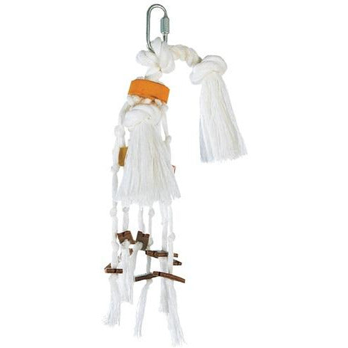 Living World Junglewood Bird Toy, Small Rope With Wood Cylinders, Leather Strips and Bell with Hanging Clip