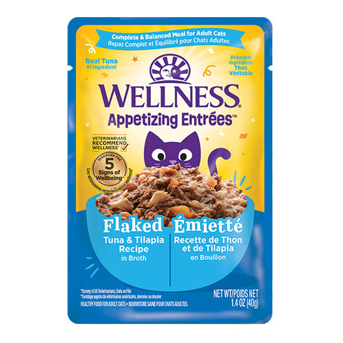 Wellness - Appetizing Entrées - Émietté Recette de Thon & Tilapia en Bouillon - Nourriture humide pour chat (1.4oz)