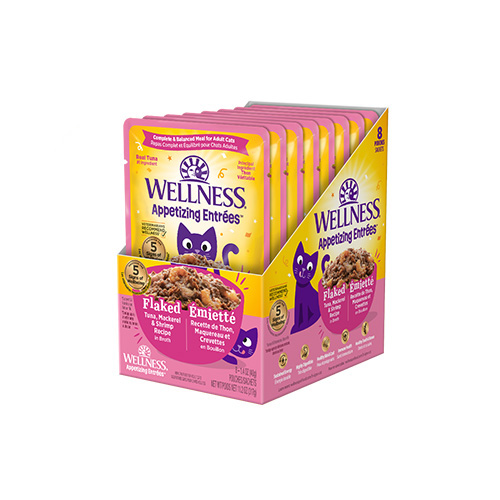Wellness - Appetizing Entrées - Émietté Recette de Thon, Maquereau & Crevettes en Bouillon - Nourriture humide pour chat (1.4oz)