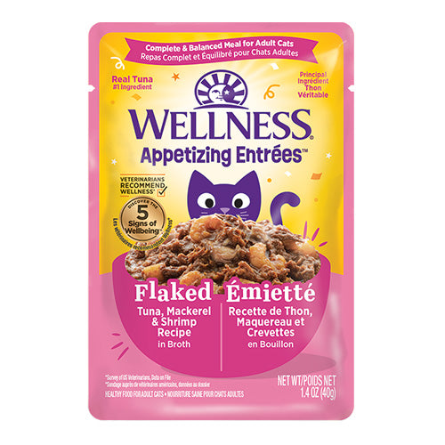Wellness - Appetizing Entrées - Émietté Recette de Thon, Maquereau & Crevettes en Bouillon - Nourriture humide pour chat (1.4oz)