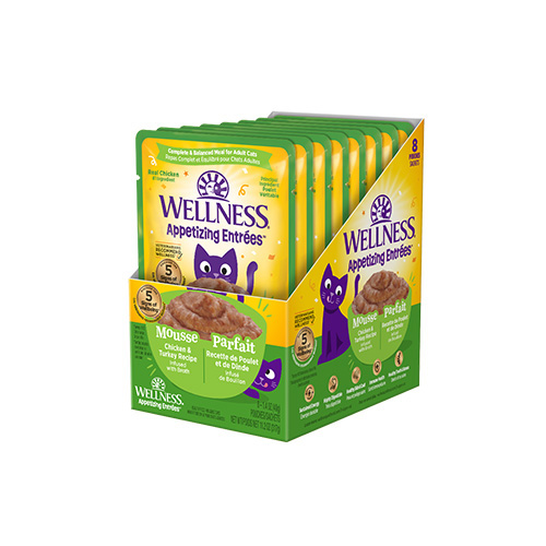 Wellness - Appetizing Entrées - Mousse Recette Poulet & Dinde infusé de Bouillon - Nourriture humide pour chat (1.4oz)
