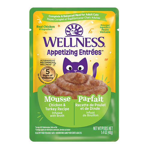 Wellness - Appetizing Entrées - Mousse Recette Poulet & Dinde infusé de Bouillon - Nourriture humide pour chat (1.4oz)