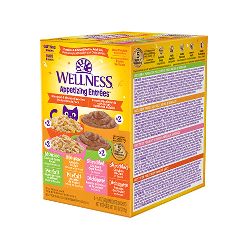 Wellness - Appetizing Entrées - Variété de Nourriture humide pour chat - Déchiqueté & Mousse Recettes au Poulet 8 x 1.4oz