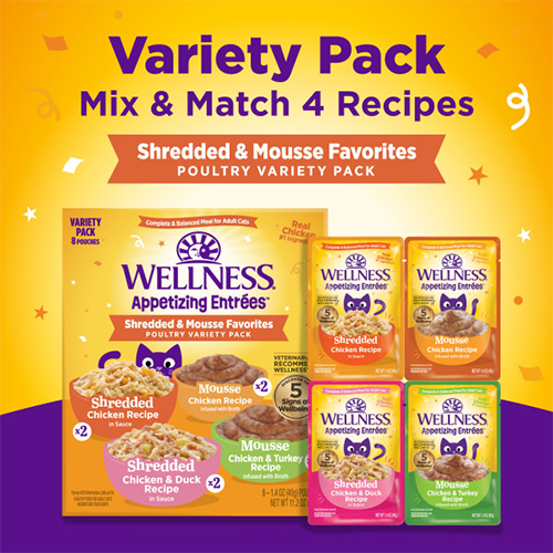 Wellness - Appetizing Entrées - Variété de Nourriture humide pour chat - Déchiqueté & Mousse Recettes au Poulet 8 x 1.4oz