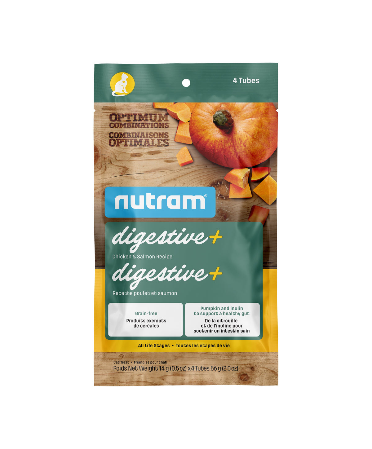 Nutram Combinaisons Optimales - Gâterie en tube pour chat -Digestive+ Poulet &amp; Saumon Sans Grains (2oz)