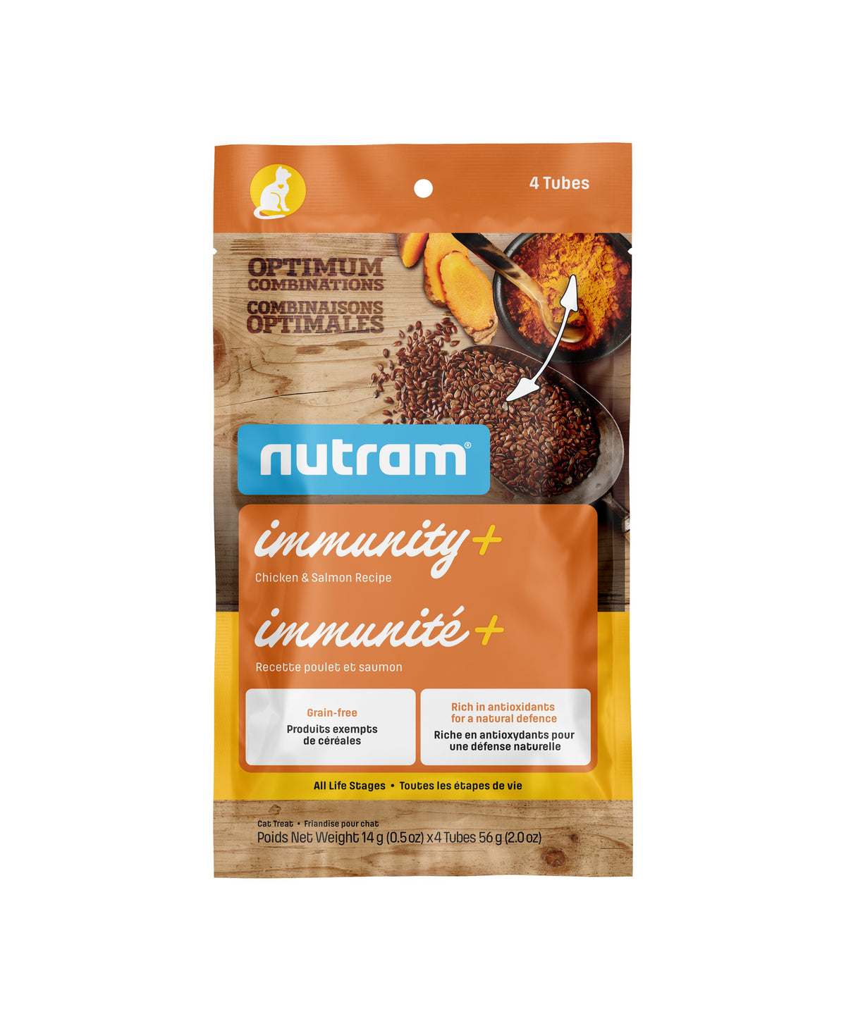 Nutram Combinaisons Optimales - Gâterie en tube pour chat -Immunité+ Chat Poulet &amp; Saumon Sans Grains (2oz)