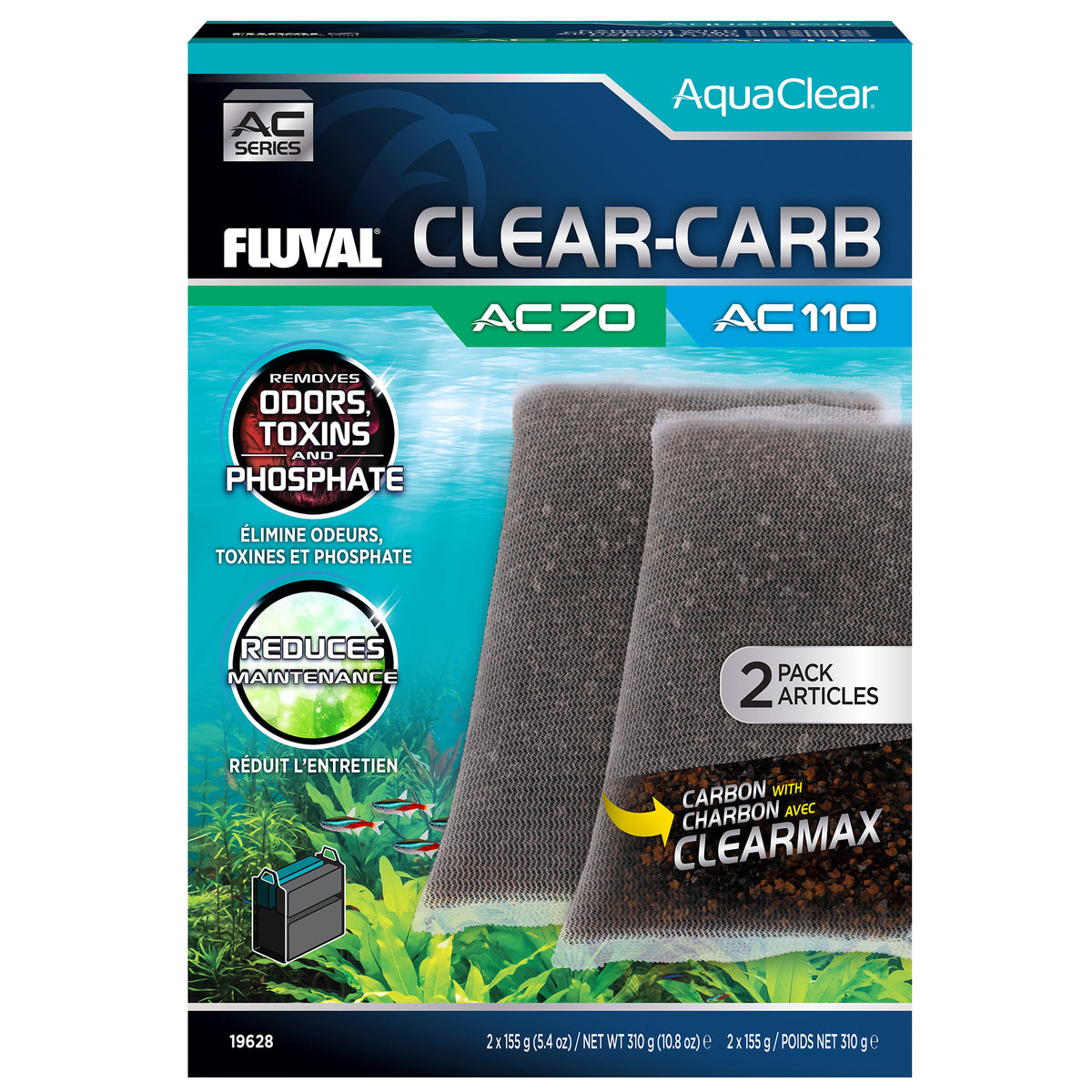 Masses filtrantes Clear-Carb pour filtre à moteur AC70/AC110 AquaClear, 310 g (10,8 oz), paquet de 2
