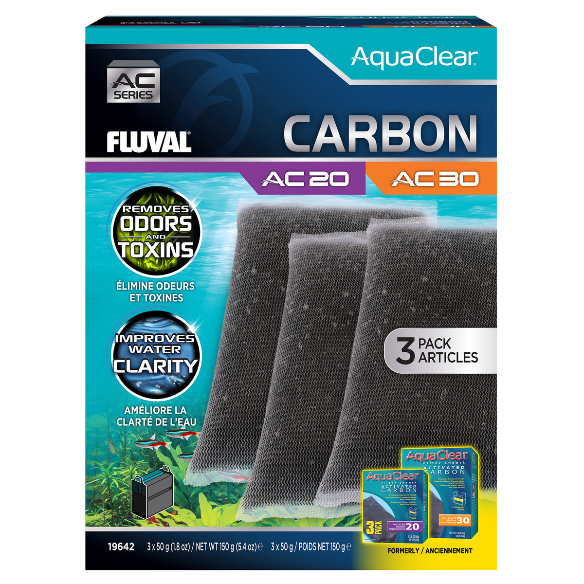 Charbon pour filtre à moteur AC20/AC30 AquaClear, 150 g (5,4 oz), paquet de 3