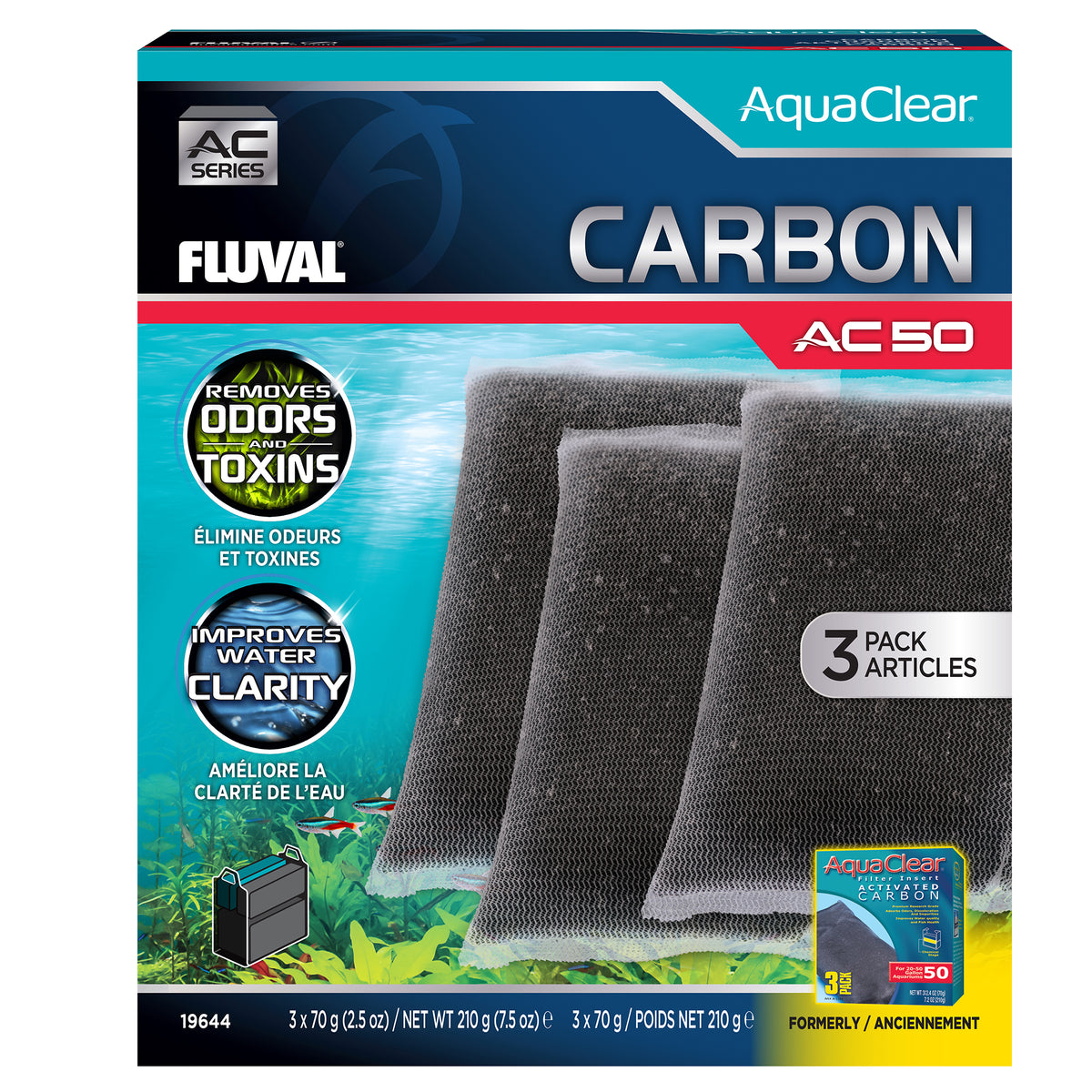 Charbon pour filtre à moteur AC50 AquaClear, 210 g (7,5 oz), paquet de 3