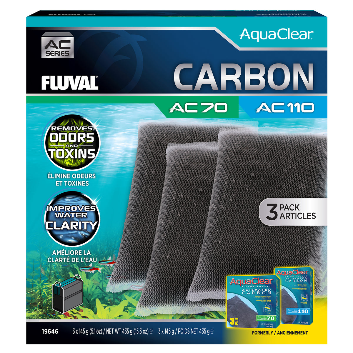 Charbon pour filtre à moteur AC70/AC110 AquaClear, 435 g (15,3 oz), paquet de 3