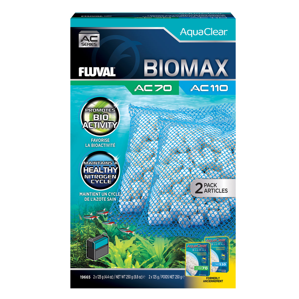 Masses filtrantes BIOMAX pour filtre à moteur AC70/AC110 AquaClear, 250 g (8,8 oz), paquet de 2