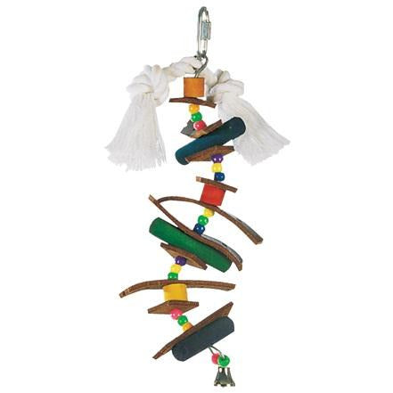 Jouet oiseau Juglewood Living World, petite brochette avec chevilles en bois, perles en plastique, bandes de cuir et cloche avec clip de suspension