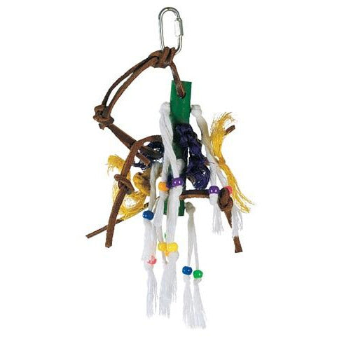 Jouet d&#39;oiseau Living World Junglewood, petit piquet en bois avec cordes, bandes de cuir et perles avec clip de suspension