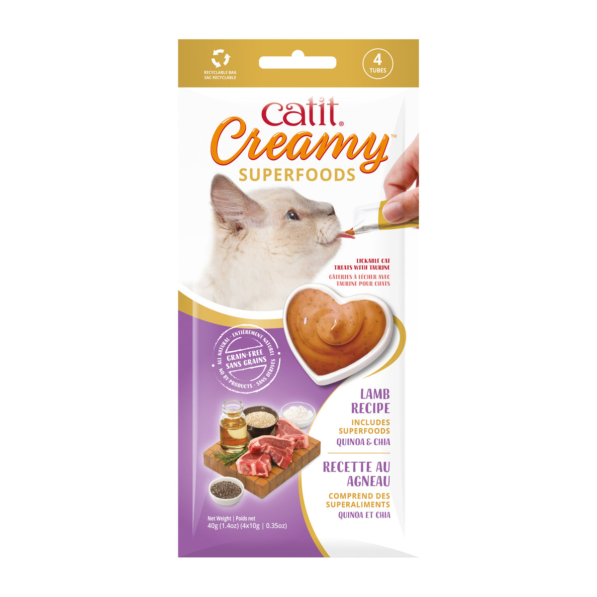 Gâteries Catit Creamy avec Superaliments - Agneau avec quinoa et chia - Paquet de 4