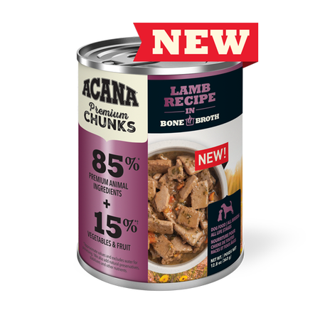 Acana Premium Chunks - Recette d&#39;agneau avec bouillon d’os - Nourriture en conserve pour chien (363g)