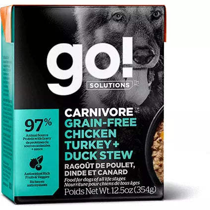 Go! Solutions Carnivore Sans-Grains Ragoût de Poulet, Dinde, Canard - Nourriture pour chien en Tetra Pak (12.5oz / 354g)