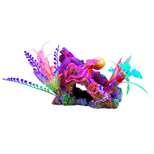 Ornement iGlo Marina, épave et pieuvre avec plantes, petit, 14 cm (5.5 po)